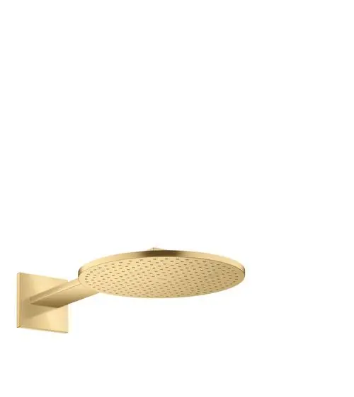 Kopfbrause in Brushed Gold Optic mit rundem, flachem Design und gleichmäßiger Duschstrahlverteilung, montiert an einem rechteckigen Wandarm von AXOR.